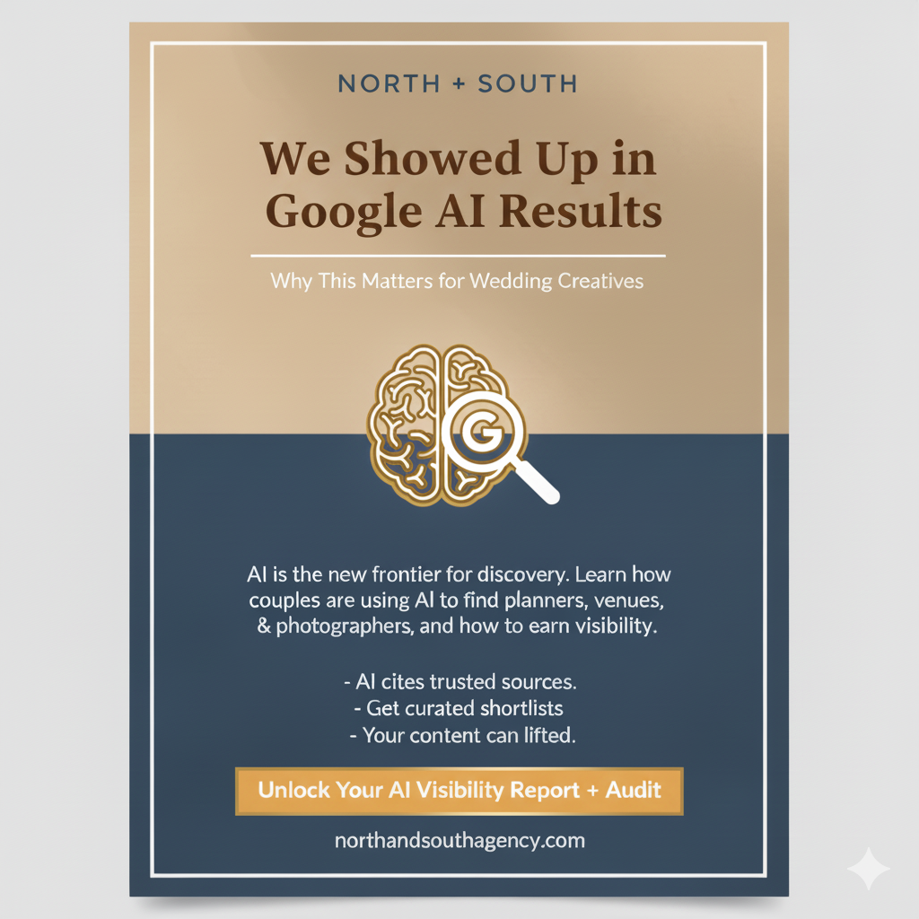North+South graphic announcing appearance in Google AI results with text highlighting why AI visibility matters for wedding creatives.
