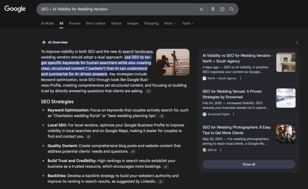 Screenshot of Google search results showing North+South Agency content featured in Google AI answers for SEO and AI visibility for wedding vendors.