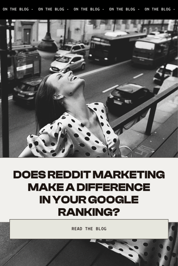 A woman in a polka dot dress smiling and leaning back on a city balcony, symbolizing the bold experiment by North + South Agency testing whether Reddit marketing impacts SEO and AI visibility.