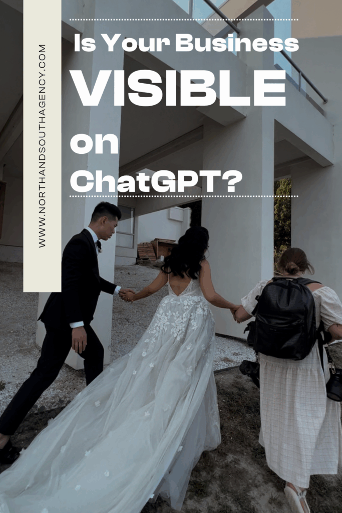 Wedding photographer capturing a couple walking hand in hand near a modern white building, symbolizing AI visibility for creative brands and wedding vendors on ChatGPT.